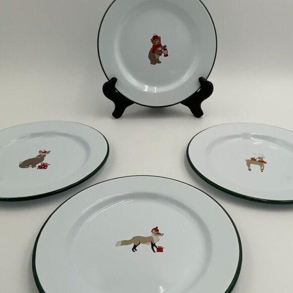 Set 4 Helmsie Crow Canyon Holiday Animals 8" Enamel Plates Fox Deer Bunny Bear - Picture 1 of 8